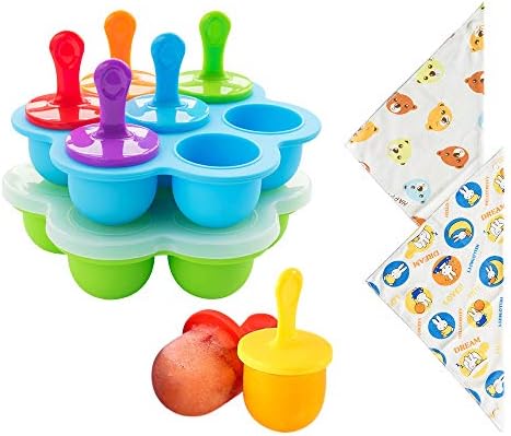 2-Pack Silicone Ice Popsicle Pop Molds, 7-Hole Egg Bites Molds, Non-Stick Ice Pop Maker, Food Grade Baby Food Storage Freezer Trays with 7 colorful BPA-Free Plastic Sticks