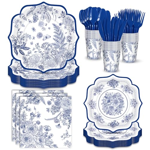 AWLZJZQA 168 Pcs Blue and White Plates Serve 24 Guests Vintage Blue Floral Plates and Napkins Party Supplies Toile Paper Disposable Dinnerware Sets for Tea Party Birthday Bridal Shower