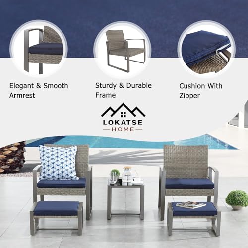 Image of LOKATSE HOME Patio Conversation Bistro Set 5 Pieces Outdoor PE Wicker Rattan Sofa Furniture Cushioned Chairs and Ottomans with Tempered Glass Coffee Table for Backyard, Garden, Porch