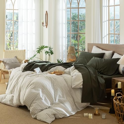 Image of MooMee Bedding Sheet Set 100% Washed Cotton Linen Like Textured Breathable Durable Soft Comfy (Solid Olive Green, Queen)