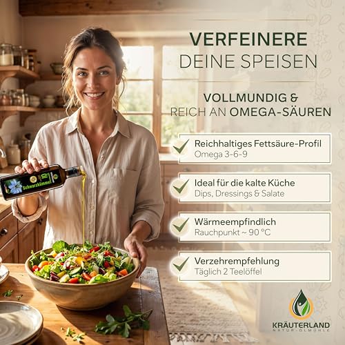 Kräuterland Schwarzkümmelöl 2X500ml (1Liter), gefiltert, naturrein ohne Zusatzstoffe, hoher Thymochinon, kaltgepresst, vegan, mild, glasflasche, mühlenfrisch direkt aus unsrer hessischen Ölmühle