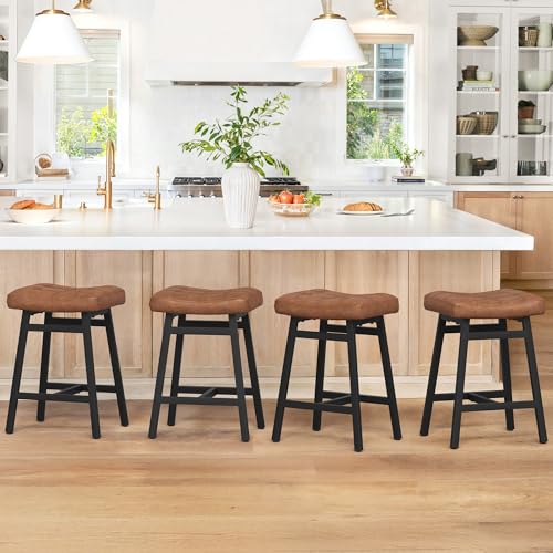 LUE BONA Counter Height Bar Stools Set of 4, Barstools with Thick Faux Leather Saddle Seat & Heavy Duty Metal Legs,24Inch Kitchen Counter Stools, Brown