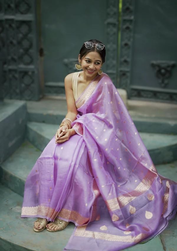 Flosive Women's Beautiful Light Shine Cotton Linen Wedding Saree With Blouse (Lavender)