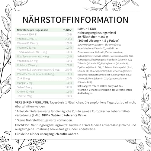 IMMUN KUR - Immunsystem stärken mit basics - Monatskur, 30 x 10ml Fläschchen - Hochdosiert, Kombination aus 15 Mikronährstoffen. Ohne unerwünschte Zusätze - Vegan - Laborgeprüft
