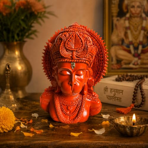Image of eCraftIndia Lord Hanuman Ji Idol for Home Decor | Orange Hanuman Bust Statue with Intricate Detailing | Spiritual Decorative Showpiece for Temple, Living Room & Gifting