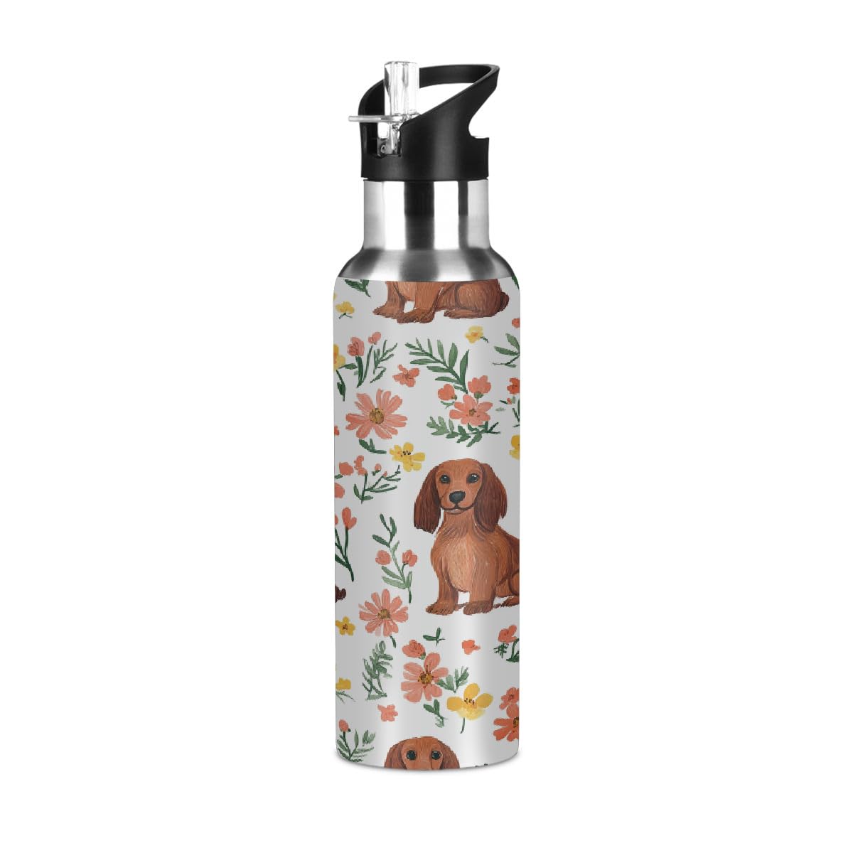 Woltant Dachshunds With Flowers Vacuum Insulated Stainless Steel Water Bottle 600 ml Sports Water Bottle With Straw Leak-Proof for Work Travel Gym