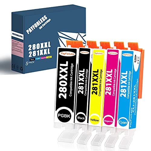 PayForLess Compatible Canon 280 281 Ink Cartridges PGI-280XXL CLI-281XXL Pixma TR8520 TS6120 TR7520 TS8120 TS9120 TS6220 TS6300 TS8220 TS6320 TS9521C TS8320 PGI 280 XXL CLI 281 XXL PGI-280 CLI-281 5PK
