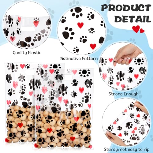 Pasimy 200 Pcs Puppy Dog Paw Gift Bags Plastic Paw Treat Goodie Bags with Handles 9 x 12 Inch for Birthday Holiday Party Favor Supplies Shopping Gift Merchandise Grocery Home Using (Black Red) by Pasimy - Image 3