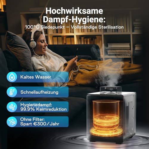 Livatro Luftbefeuchter Schlafzimmer Top-Fill, 3L Edelstahl Warmnebel Luftbefeuchter, Reduziert 99,97% der Bakterien, Für Schlafzimmer und Wohnzimmer, Spülmaschinenfest Humidifier,mit Schlafmodus – Bild 2