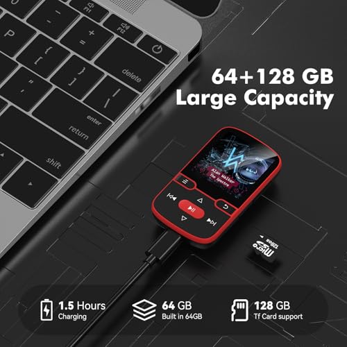 Image of 64GB MP3 Player Bluetooth 5.3 with Clip, HiFi Sport Music Player, 1.5 Inch Screen MP3 Player for Kids with Physical Buttons, FM Radio /Pedometer /Voice Recorder, Weighs Only 28g, TF Card Up to 128G(Red)