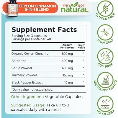 5-in-1 Organic Ceylon Cinnamon Capsules with Berberine, Garlic, Turmeric, Black Pepper Extract Pills
