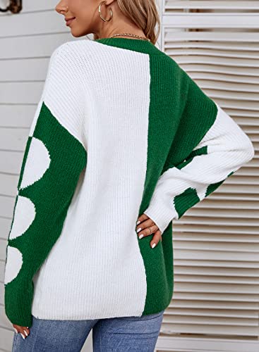 Anatoky Women Mock Neck Oversized Color Block Long Sleeve Heart Cable Knit Fall Sweater Ribbed Pullover Tunic Top Green #TOP4
