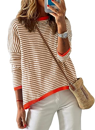 Womens Lightweight Cotton Sweaters Long Sleeve Crew Neck Color Block Striped Casual Knitted Pullover Tops