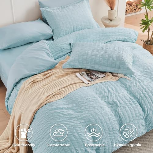 Image of HYMOKEGE Lake Blue King Size Comforter Set Seersucker 7 Pieces, All Season Luxury Bed in a Bag for Bedroom, Bedding Set with Comforters, Sheets, Pillowcases & Shams