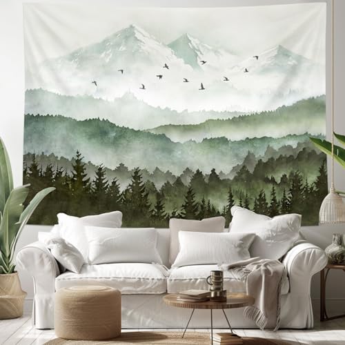 Kampdream Mountain Forest Tapestry, Misty Foggy Watercolor Scenery Art Wall Tapestries thumb #2