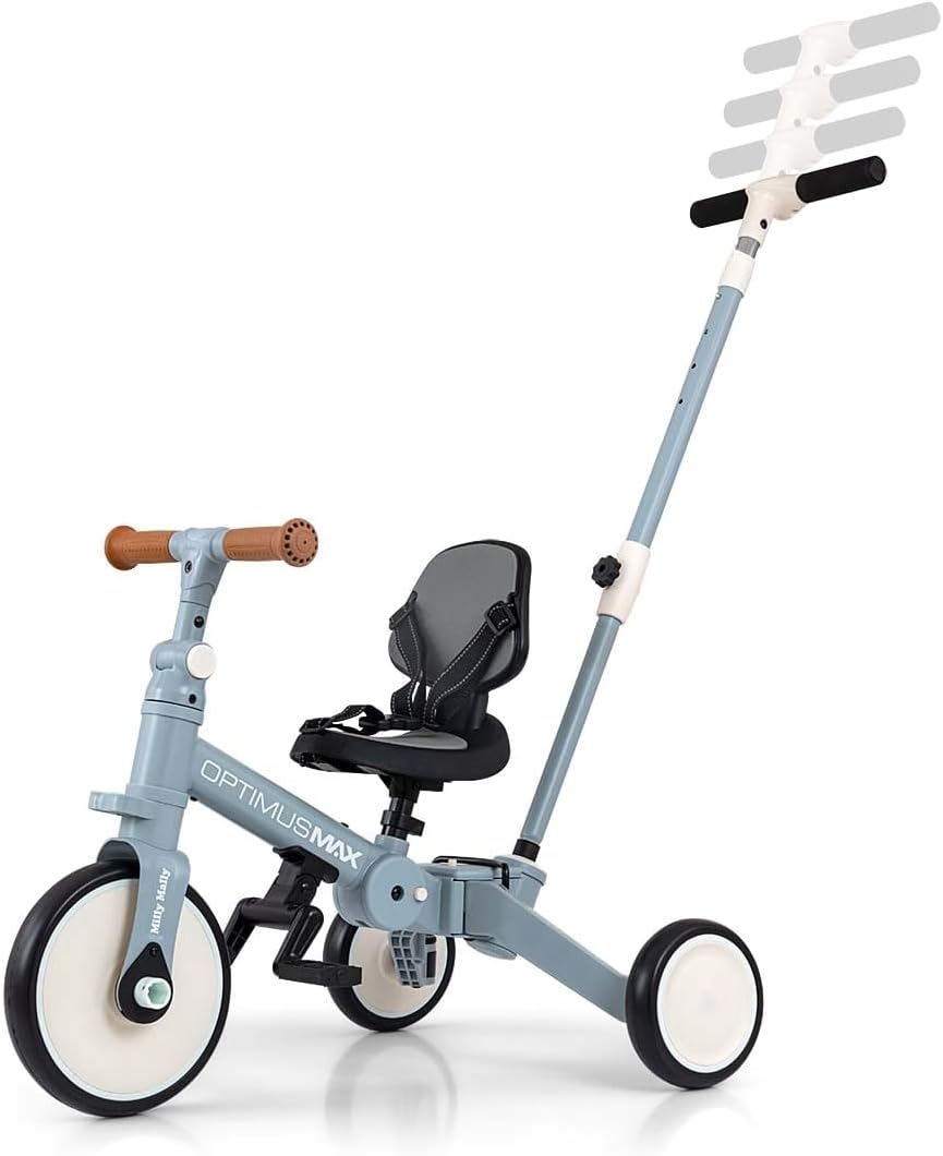 Milly Mally Optimus Max tricycle in balance tricycle mode, without the parent handle, showing the child's seat and footrests.