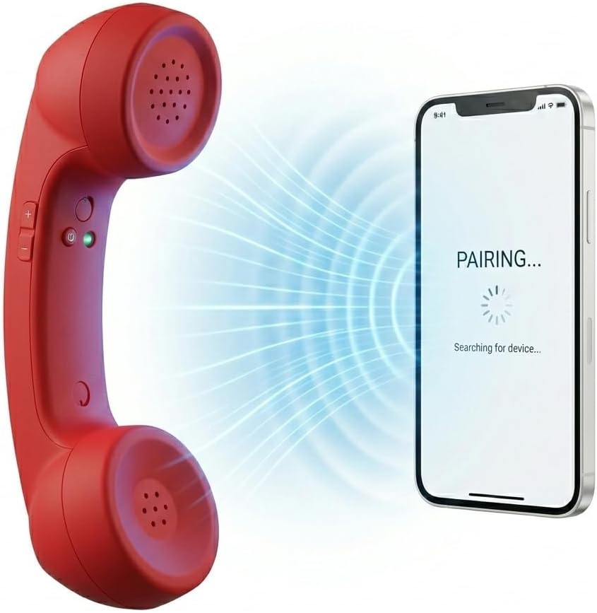 Wireless Retro Telephone Handset, Bluetooth Vintage Cell Phone Receiver with HD Microphone, Radiation Proof Cordless Phone Audio Earpiece for Mobile Phones and Computers (Red)