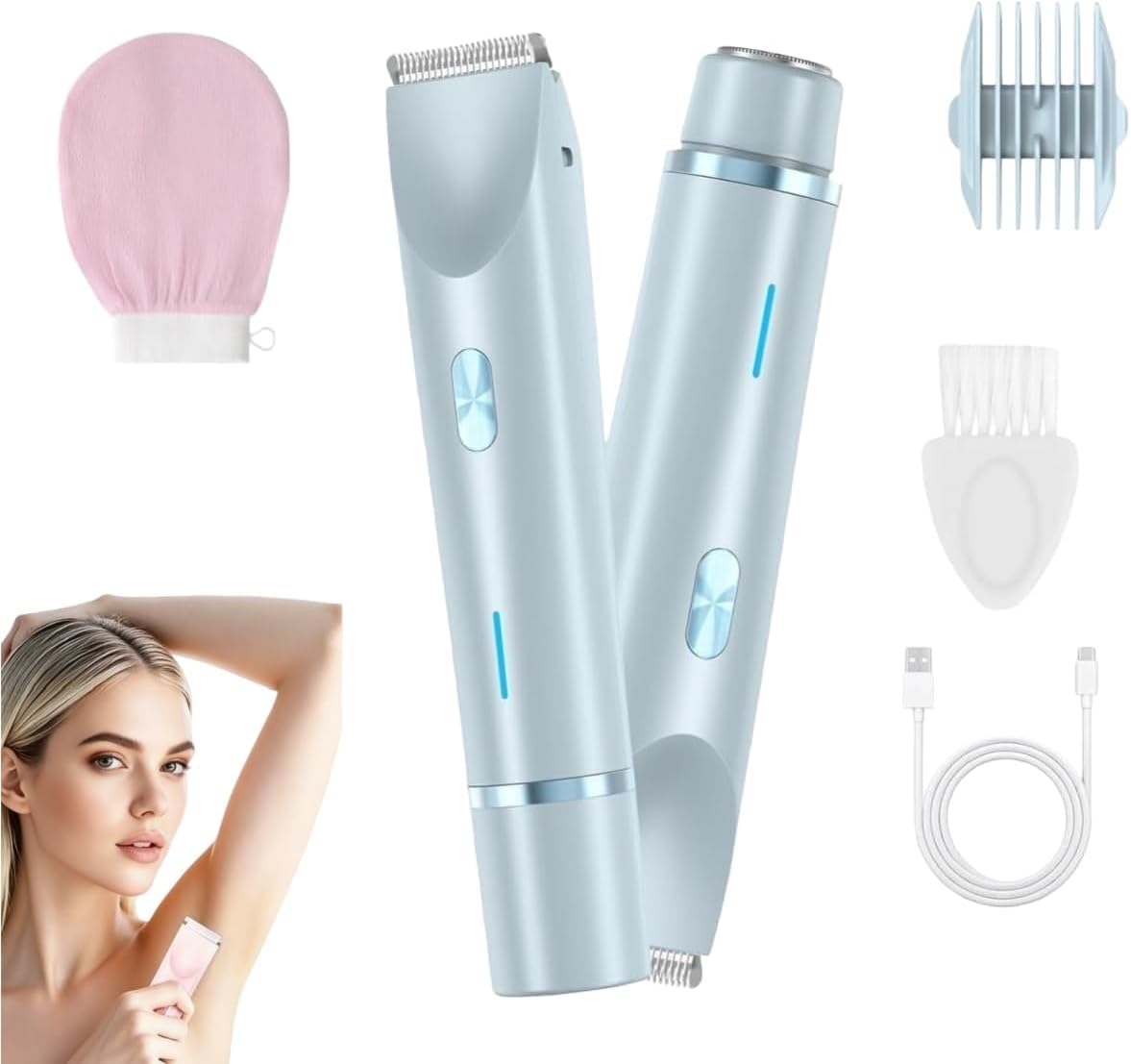 Rasoir Klyne Femme, Tondeuse Femme, Rasoir Femme,Tondeuse Intime & Sourcils, Recharge Usb, Étanche Ipx7, Pour Bikini, Jambes, Aisselles Et Nez (Bleu)