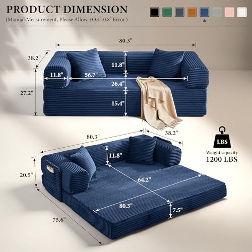 Image of Boneless Couch Futon Sofa Bed Sectional Couches for Living Room,Cloud Couch with Sleeper Sofa,Sofas for Living Room Oversized Corduroy Upholstered (Blue, 81 Inches (with Iron Frame))