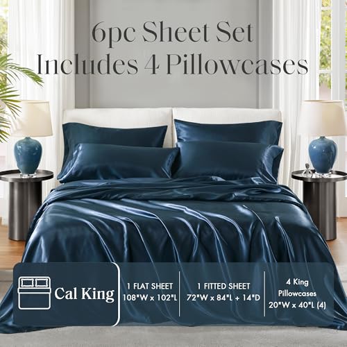 Image of Madison Park Essentials Satin Sheets Cal King Bed Set, 6 Pcs, Midnight Blue