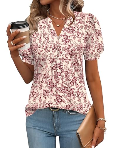 IECCP Spring Floral Tops for Women 2025 Puff Short Sleeve Dressy Blouse V-Neck Button Down Basic Tee Loose Fit Tunic (White Red Floral,XL)