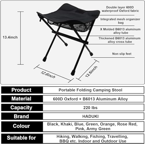 HADUKI-Camping-Chair-Foot-StoolFolding-Lightweight-Stool-Portable-Collapsible-Camping-Stool-Retractable-Chairs-with-Carry-Bag-220LBS-Camping-Stools-for-Indoor-Or-Camping-Fishing-Hiking-BBQBlack