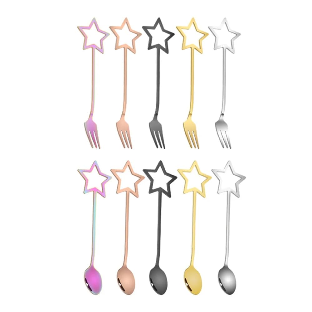 Cuillère à café Cuillères à dessert Lot de 10 cuillères à café en forme d'étoile à cinq branches en acier inoxydable doré et argenté for thé, dessert, boisson, mélange, milkshake, couverts de cuisine