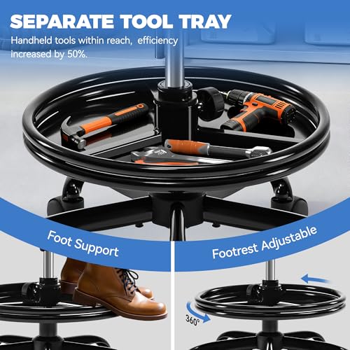 Image of Shop Stool with Wheels for Garage, Mechanics Rolling Chair with Backrest, Adjustable Height Heavy Duty Garage Stool with Footrest and Storage Tray, Swivel Task Chair for Workshop Kitchen Salon (Blue)