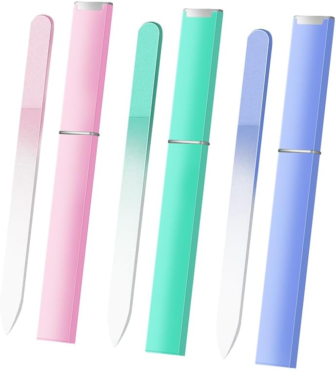 Glass Nail File with Case 3 Pack, Double-Sided Etched Crystal Fingernail Files for Natural Nails, Stocking Stuffers, Women Gift Set, Pink Mint Blue
