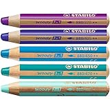STABILO Multi-talented Pencil woody 3-in-1 - Tones Box of 5 - Violet, Ultramarine, Blue, Cyan Blue & Turquoise + Sharpener