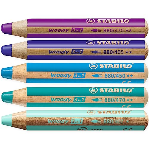 STABILO Multi-talented Pencil woody 3-in-1 - Tones Box of 5 - Violet, Ultramarine, Blue, Cyan Blue & Turquoise + Sharpener