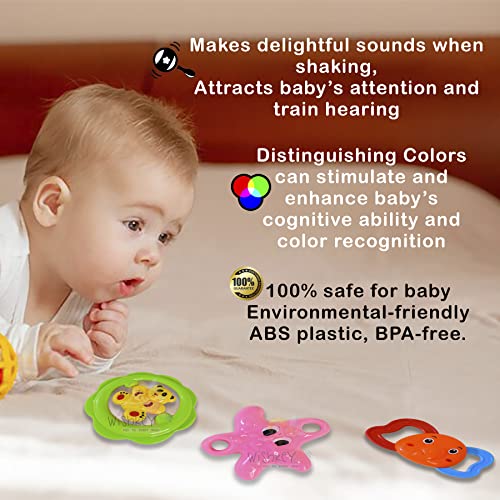 Image of WISHKEY BPA Free Rattles and Teether Toys for Baby, Plastic Soft Soothing Teather Toy for Newborn Babies, Colorful Attractive Non-Toxic Rattle Set for Infants (Pack of 3, Multicolor)