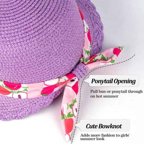 Girls Straw Sun Hat with Chin Strap and Two Cute Brooches Summer Beach UV Protection2