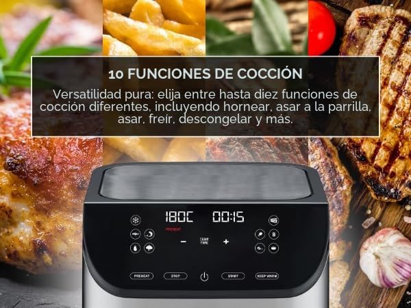 ERATEC AF-66 Freidora de aire caliente XXL 5,5 L 1500W Air Fryer sin aceite Freidora de aire caliente con pantalla LED táctil y 10 programas preestablecidos, función de temporizador para sus platos