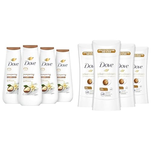 Dove Gel de baño Pampering Manteca de karité y vainilla 4 unidades para desodorante renovado y antitranspirante en barra para protección de 48 horas