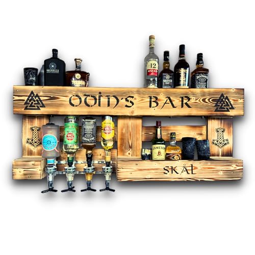 Wikinger Wandbar - Holz rustikal mit Getränkspender & Flaschenhalter - Fächer für Flaschen, Bier,...