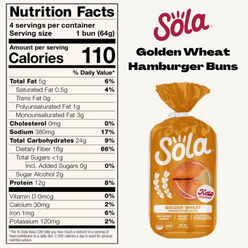 Sola Keto Hamburger Buns, Golden Wheat (Pack of 4)