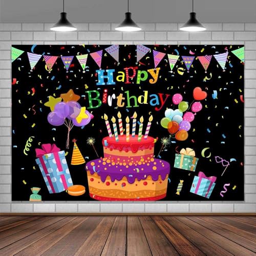 Image of 8X6ft Colorful Happy Birthday Backdrop, Birthday Party Backdrop with Cake, Balloons, Gifts & Confetti for Kids & Adults Black Photography Background,Banner Photo Shoot Studio Props