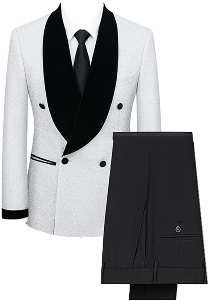 Ulnomio Men's Shiny Silk Jacket Velvet Collar Suit Shawl Lapel Suit Set Two Pieces Banquet Party