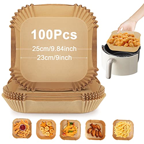 100 Pezzi Carta Forno Per Friggitrice Ad Aria 23cm,Teglie Per Friggitrice Ad Aria Quadrati,Antigrasso Antiaderente Fodera in Carta Monouso per 5.0-6.0L Air Fryer, Forno, Padelle, Microonde(23cm)