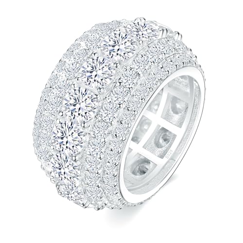 12CT 5 Row Unisex Moissanite Eternity Band Ring for Men D Color VVS1 Clarity Iced Out Wedding band 18k White Gold Plated S925 Sterling Silver Hip Hop Ring 14.5mm Size 5