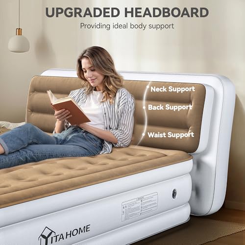 YITAHOME 18'' Queen Air Mattress with Pump and Banded Headboard, Brown by YITAHOME - Used condition - Image 2