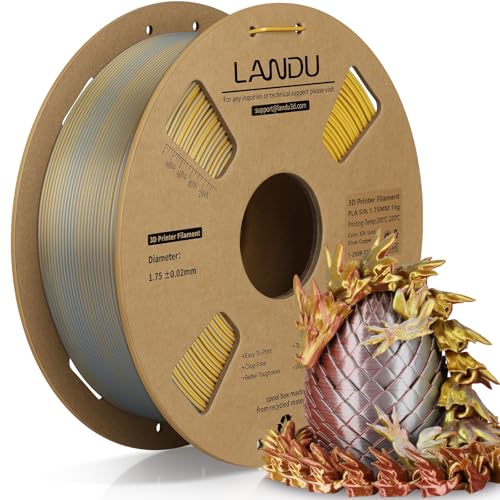 LANDU Silk Tri-Color PLA Filament 1.75mm 1Kg,Triple Color Silk PLA Filament,Silk Rainbow PLA Filament,Neatly Wound 3D Printer Filament,3 in 1 Multi Color Filament +/-0.02mm, Silk Gold Silver Copper
