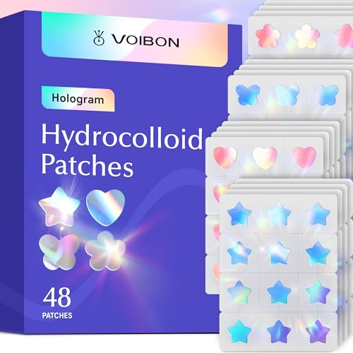 Voibon Hologram Pimple Patches for Face, Cute Hydrocolloid Acne Patches, Salicylic Acid & Tea Tree Colorful Star Spot Stickers,Zits & Blemish,Blue Heart Butterfly Flower Zit Patches 12MM(48 Count)
