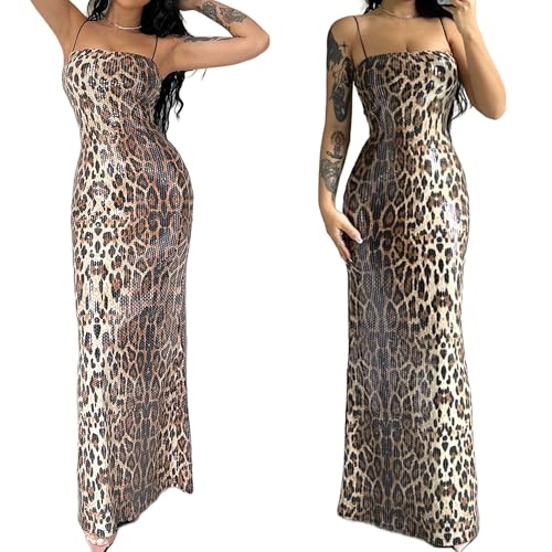 Women's Leopard Print Sequin Maxi Dress Glitter Sexy Bodycon Sleeveless Long Dress2
