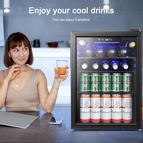 Image of Antarctic Star Beverage Refrigerator Cooler-85 Can Mini Fridge Glass Door for Soda Beer Wine Stainless Steel Glass Door Small Drink Dispenser Digital Display for Home, Office Bar,2.6cu.ft