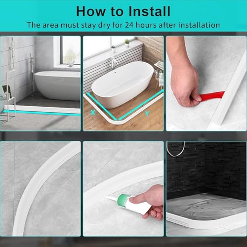Image of Shower Water Stopper Strip, Silicone Shower Threshold Barrier, Self Adhesive Waterproof Water Dam for Bathroom Floor, Shower Door, Bathtub & Kitchen (White, 2-Meter, T-Shap)