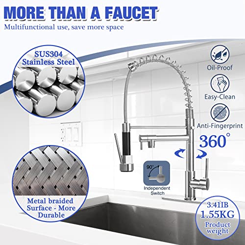 Stainless Steel Kitchen Faucets,Bar Sink Faucet For Kitchen Sink 1/3 Hole,Chrome Than Nickel Pull Down 2 Spout Commercial Kitchen Faucet With Sprayer Home Decor Essentials Grifo Para Fregaderos #TOP2