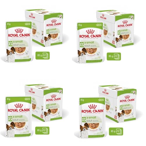 ROYAL CANIN X-Small Adult | 4er Pack | 4 x 12 x 85 g | Feuchtnahrung für ausgewachsene und besonders kleine Hunde | Ab dem 10. Lebensmonat | Mit Häppchen in Soße | Im Pouchbeutel