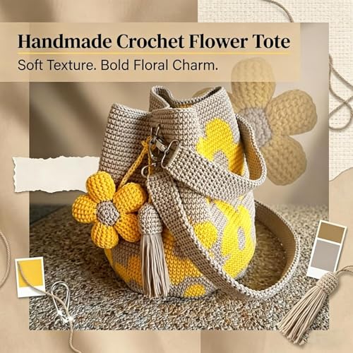 Bolso tote tejido a mano con flores para mujer miniatura 2